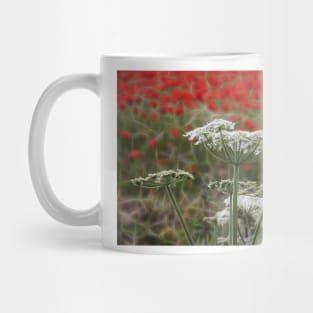 bright red glowing poppy in a field of wild uncultivated flowers Mug